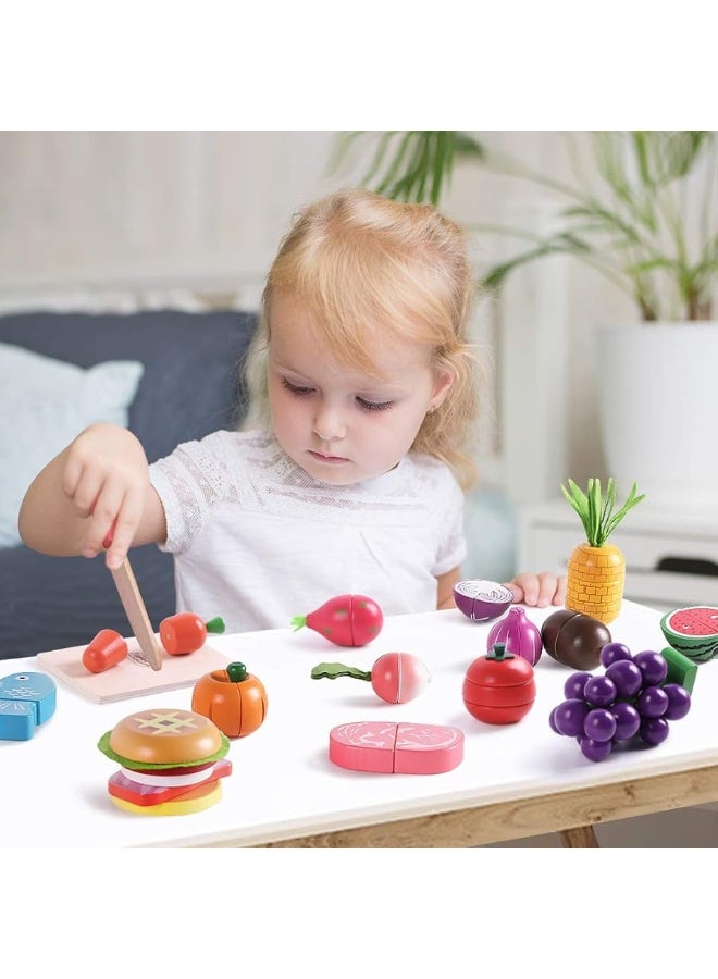 iPlay, iLearn Wooden Play Food Toy, Kids Wood Cutting Magnetic Fruit Vegetables, Toddler Cooking Pretend Play Kitchen Food Set, Montessori Educational Birthday Gift for Age 3 4 5 6 7 Year Old Girl Boy