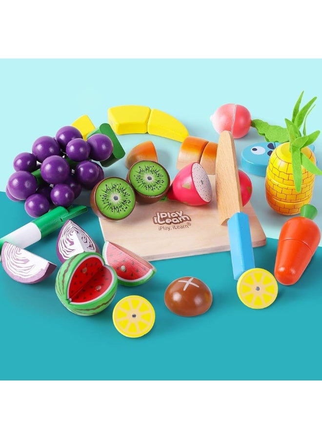 iPlay, iLearn Wooden Play Food Toy, Kids Wood Cutting Magnetic Fruit Vegetables, Toddler Cooking Pretend Play Kitchen Food Set, Montessori Educational Birthday Gift for Age 3 4 5 6 7 Year Old Girl Boy