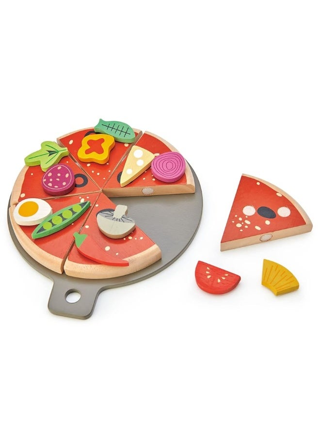 Tender Leaf Toys - Pizza Party - 6 Slices of Realistic Pizza Toy Set with 12 Different Toppings, Kraft Card Take-Out Box Included - Pretend Play Food for Kids - 3+