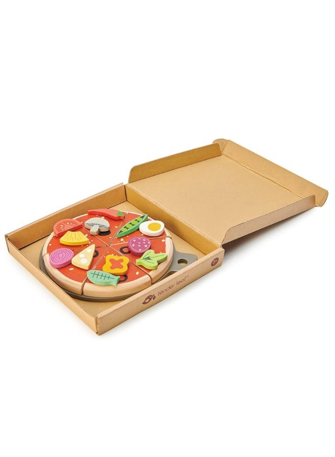 Tender Leaf Toys - Pizza Party - 6 Slices of Realistic Pizza Toy Set with 12 Different Toppings, Kraft Card Take-Out Box Included - Pretend Play Food for Kids - 3+