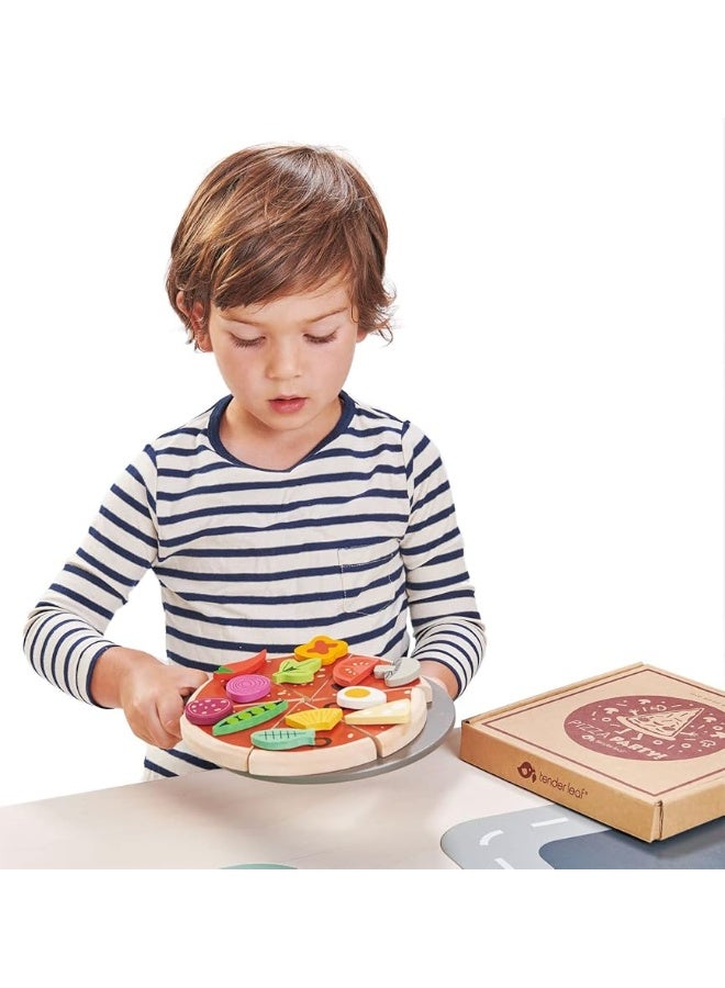 Tender Leaf Toys - Pizza Party - 6 Slices of Realistic Pizza Toy Set with 12 Different Toppings, Kraft Card Take-Out Box Included - Pretend Play Food for Kids - 3+