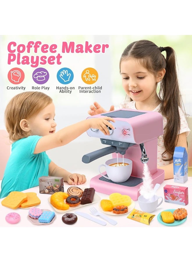 CUTE STONE Toy Coffee Set , Kids Coffee Maker Toy with Sound & Light, Realistic Steam, Play Kitchen Set with Play Food, Toddler Play Kitchen Accessories Gift for Girls and Boys