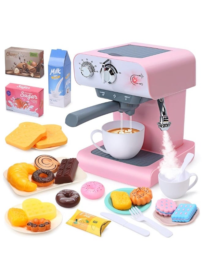 CUTE STONE Toy Coffee Set , Kids Coffee Maker Toy with Sound & Light, Realistic Steam, Play Kitchen Set with Play Food, Toddler Play Kitchen Accessories Gift for Girls and Boys