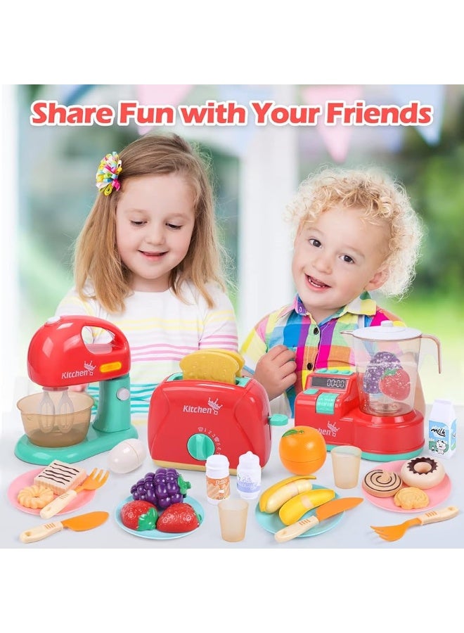 CUTE STONE Toy Kitchen Appliances Playset, Kids Kitchen Toy Mixer and Blender with Sound & Lights, Play Toaster, Cutting Play Food, Toddler Play Kitchen Accessories Set for Boys Girls