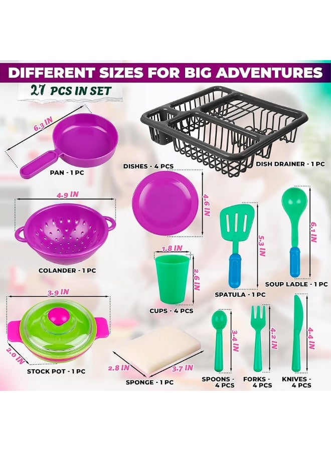 Play Kitchen Pots and Pans for Kids Kitchen Playset - 27Pcs Toy Plates and Dishes for Kitchen Set Plastic Dishes and Utensil Sets for Play Kitchens - Kids Playset Play Dishes for Kids Kitchen Toys