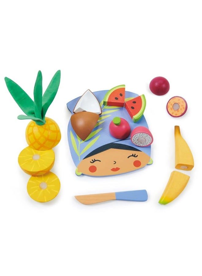 Tender Leaf Toys - Tropical Fruit Chopping Board - Wooden Play Food Set with 6 Choppable Fruits, Wood Knife and Illustrated Board - Improves Fine Motor Skills - Age 2+