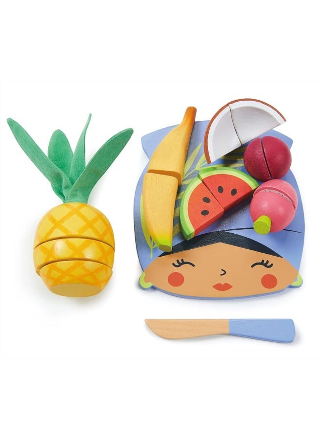 Tender Leaf Toys - Tropical Fruit Chopping Board - Wooden Play Food Set with 6 Choppable Fruits, Wood Knife and Illustrated Board - Improves Fine Motor Skills - Age 2+