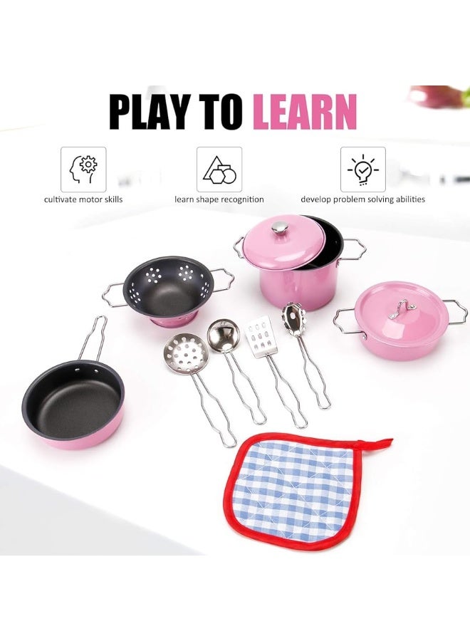 Liberty Imports Kids Play Kitchen Toys Pretend Cooking Pink Stainless Steel Pots and Pans Metal Kitchen Set with Utensils (11 Pieces)