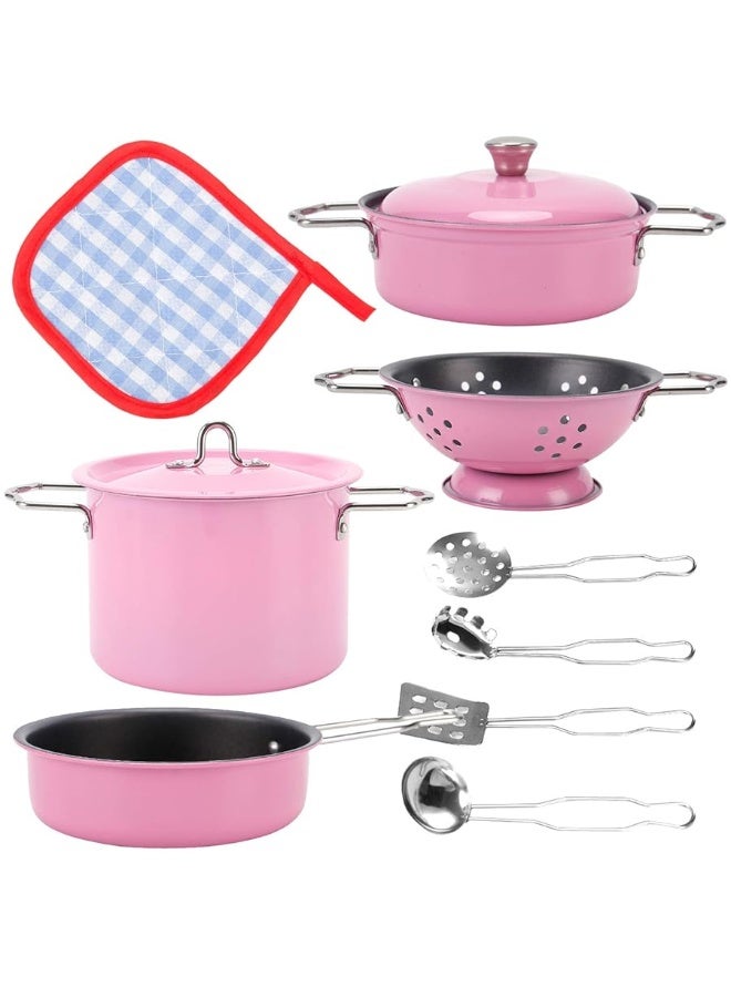 Liberty Imports Kids Play Kitchen Toys Pretend Cooking Pink Stainless Steel Pots and Pans Metal Kitchen Set with Utensils (11 Pieces)