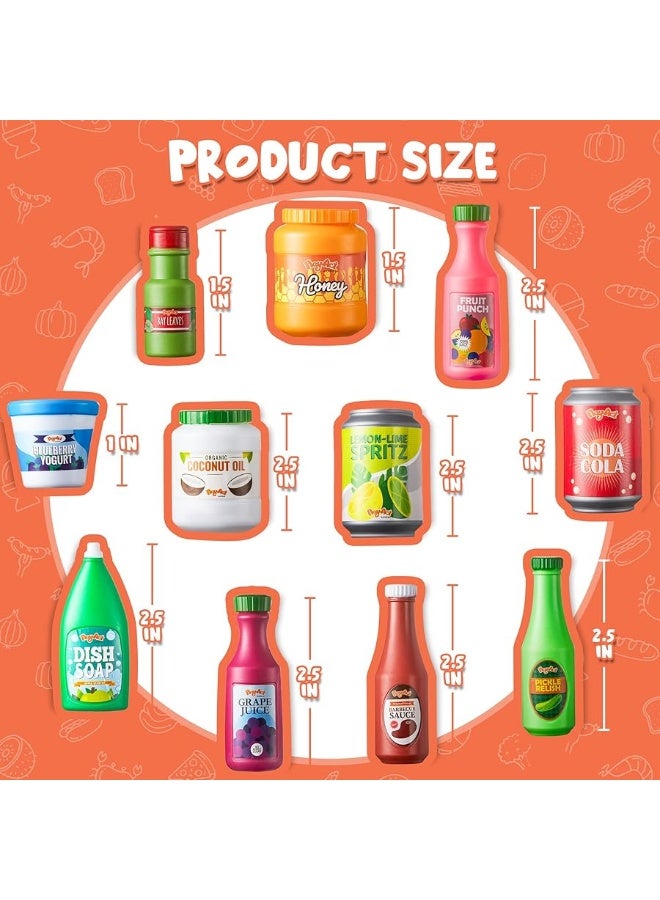 JOYIN 30Pcs Play Food Grocery Cans, Play Kitchen Accessories, Includes Drink, Juice, Jar, Seasoning, Water Bottle, Sauce, Yogurt, Ice Cream, Snack Box, Kids Gifts & Indoor Toys