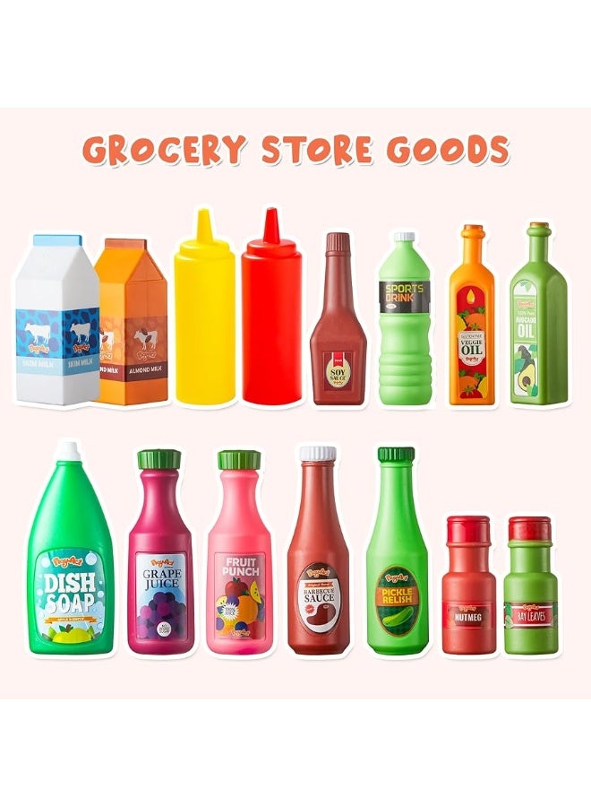 JOYIN 30Pcs Play Food Grocery Cans, Play Kitchen Accessories, Includes Drink, Juice, Jar, Seasoning, Water Bottle, Sauce, Yogurt, Ice Cream, Snack Box, Kids Gifts & Indoor Toys