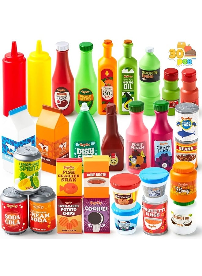 JOYIN 30Pcs Play Food Grocery Cans, Play Kitchen Accessories, Includes Drink, Juice, Jar, Seasoning, Water Bottle, Sauce, Yogurt, Ice Cream, Snack Box, Kids Gifts & Indoor Toys