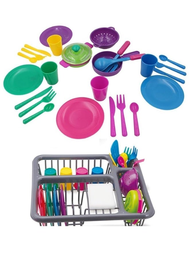 Kids Pretend Play Dishes Children's Kitchen Playset - Wash and Dry Tableware Dish Rack Toy with Drainer, Cups, Pots, Utensils (28 Pieces)