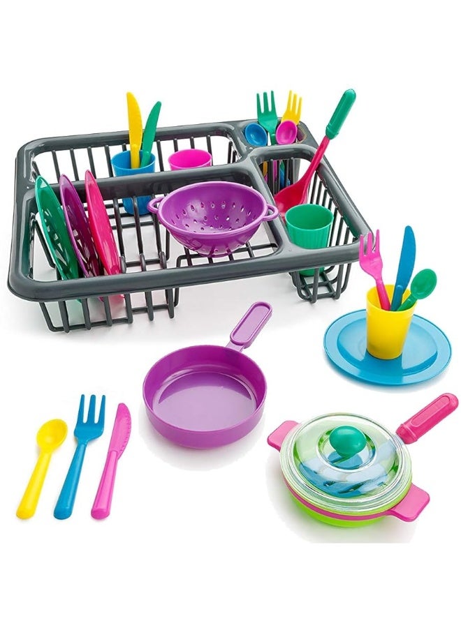 Kids Pretend Play Dishes Children's Kitchen Playset - Wash and Dry Tableware Dish Rack Toy with Drainer, Cups, Pots, Utensils (28 Pieces)