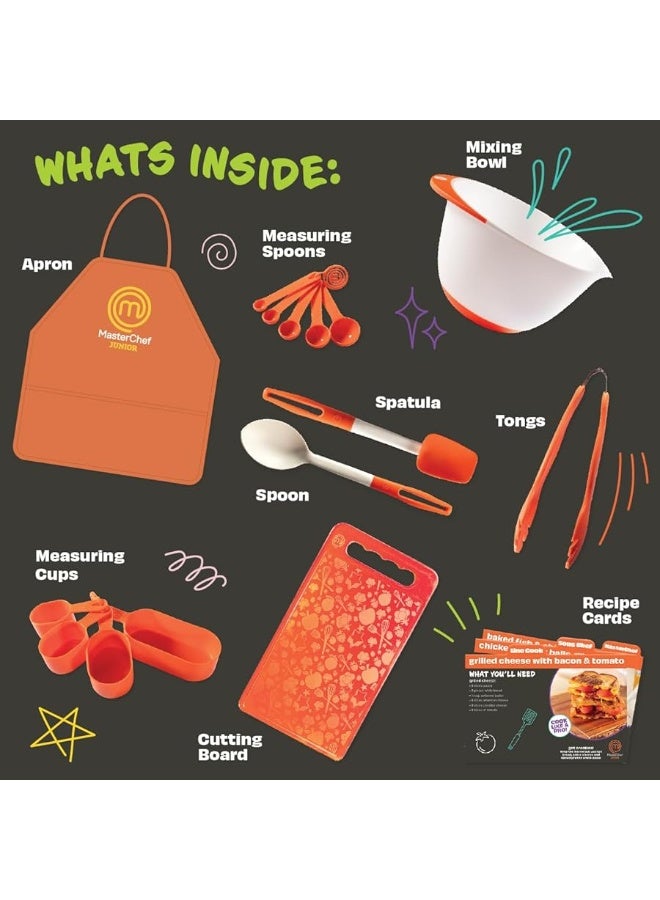 MasterChef Junior Cooking Essentials Set - 9 Pc. Kit Includes Real Cookware for Kids, Recipes, Apron, Cutting Board, Mixing Bowl, Measuring Cups, Spoons, Birthday Make Homemade Treats