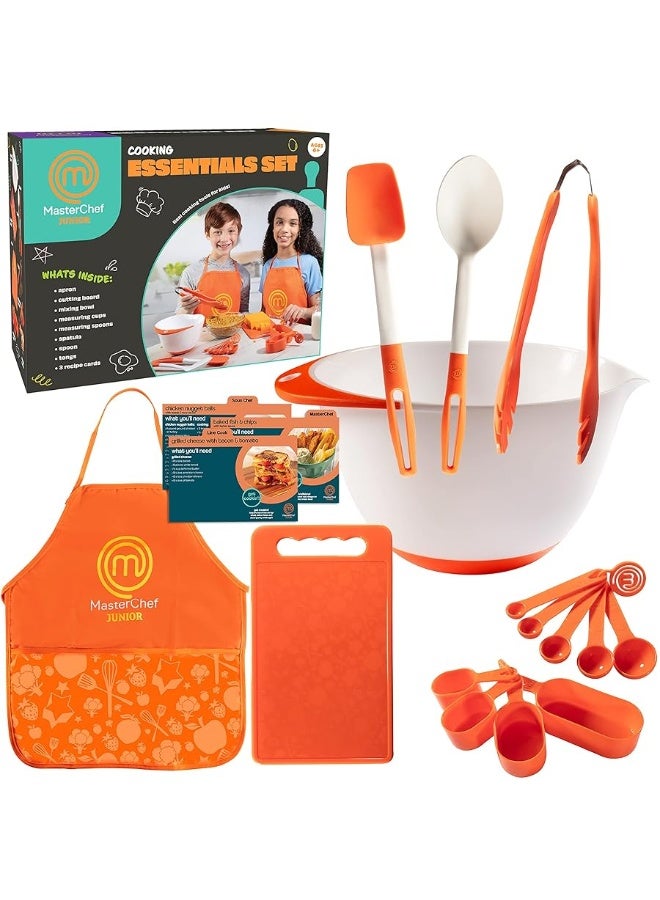 MasterChef Junior Cooking Essentials Set - 9 Pc. Kit Includes Real Cookware for Kids, Recipes, Apron, Cutting Board, Mixing Bowl, Measuring Cups, Spoons, Birthday Make Homemade Treats