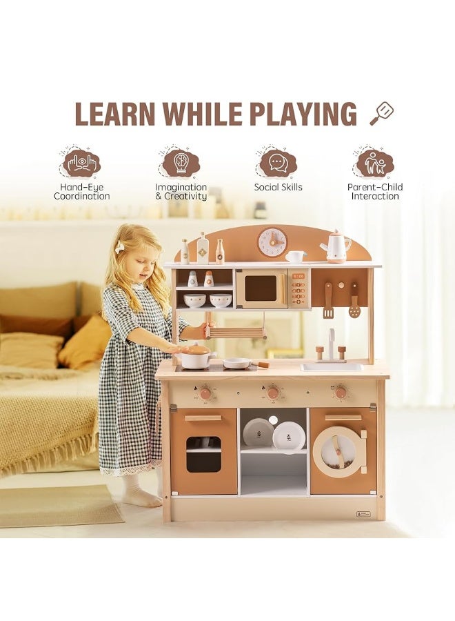 ROBUD Wooden Play Kitchen for Kids Toddlers, Kids Kitchen Playset with Realistic Accessories, Toy Kitchen Set with Plenty of Play Features, Modern Style Toy Kitchen for Girls & Boys, 3+, Caramel