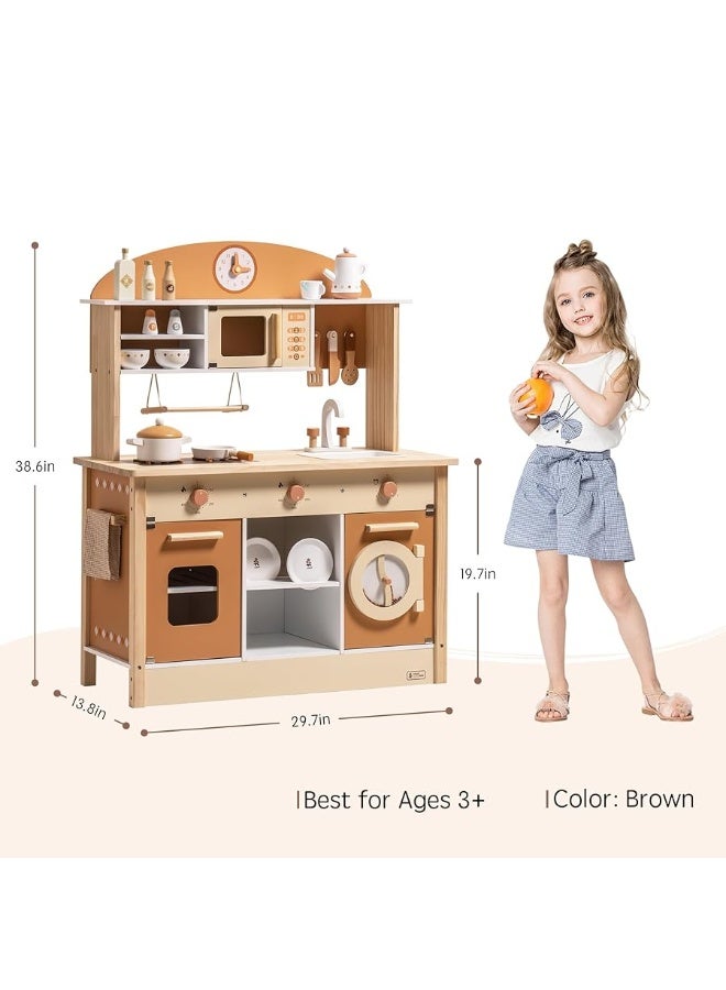 ROBUD Wooden Play Kitchen for Kids Toddlers, Kids Kitchen Playset with Realistic Accessories, Toy Kitchen Set with Plenty of Play Features, Modern Style Toy Kitchen for Girls & Boys, 3+, Caramel