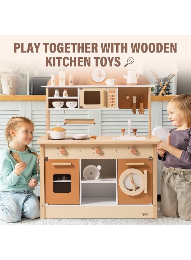 ROBUD Wooden Play Kitchen for Kids Toddlers, Kids Kitchen Playset with Realistic Accessories, Toy Kitchen Set with Plenty of Play Features, Modern Style Toy Kitchen for Girls & Boys, 3+, Caramel