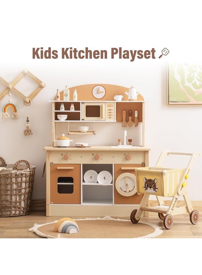 ROBUD Wooden Play Kitchen for Kids Toddlers, Kids Kitchen Playset with Realistic Accessories, Toy Kitchen Set with Plenty of Play Features, Modern Style Toy Kitchen for Girls & Boys, 3+, Caramel