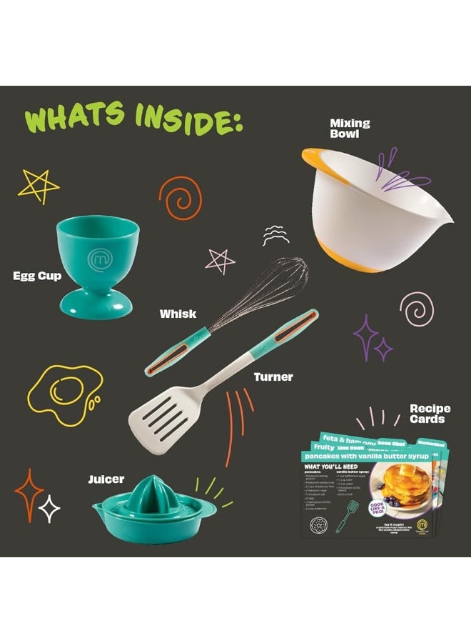 MasterChef Junior Breakfast Cooking Set - 6 Pc Kit Includes Real Cooking Tools for Kids and Recipes - Includes Spatula, Mixing Bowl, Juicer - Homemade Cooking Birthday Party Gift