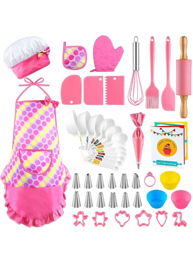 INNOCHEER Kids Baking and Cooking Set for Girls, 54PCS Chef Costume Set with Kids Apron, Chef Hat, All Real Cooking Tools and Baking Supplies, Kitchen Utensils and Recipes for Child Junior Chefs 3+