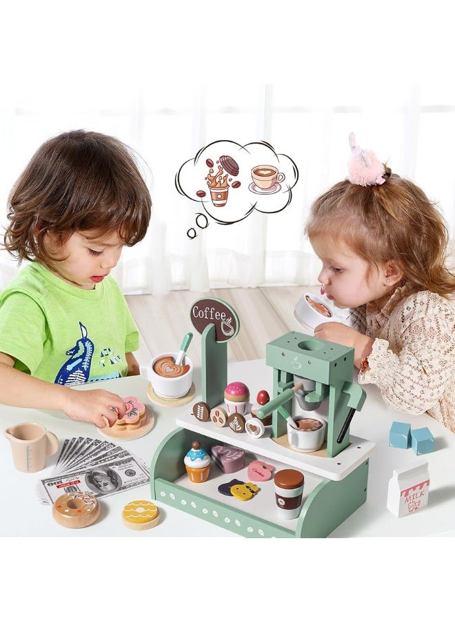 Toyssa Wooden Coffee Maker Playset for Kids 3 4 5 Pretend Play Food Toys for Toddlers with Dessert  Menu Wooden Toys Play Kitchen Accessories Christmas Birthday Gift for Kids Girls Boys 3 4 5 6