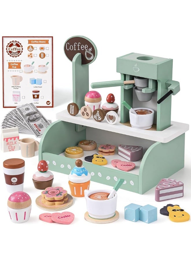 Toyssa Wooden Coffee Maker Playset for Kids 3 4 5 Pretend Play Food Toys for Toddlers with Dessert  Menu Wooden Toys Play Kitchen Accessories Christmas Birthday Gift for Kids Girls Boys 3 4 5 6