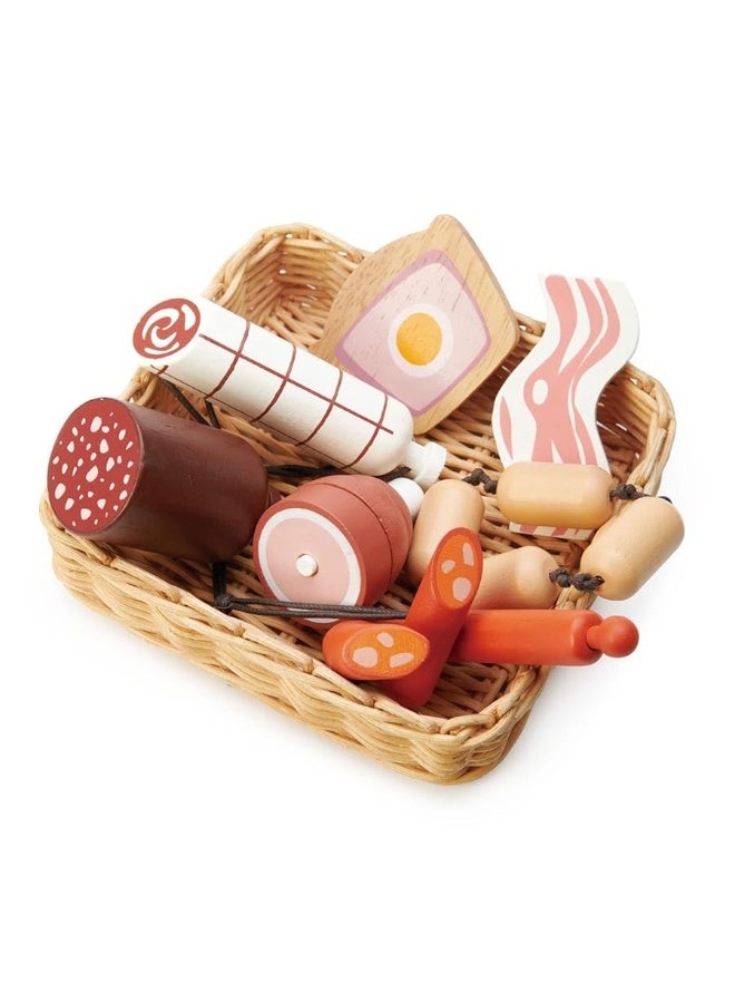 Tender Leaf Toys - Charcuterie Basket - 11 Pcs Solid Wood Cured Meats with Hand-Crafted Wicker Basket, Pretend Food Playset Supermarket Shopping Game Play Kitchen Farmer's Market Accessories - Age 3+