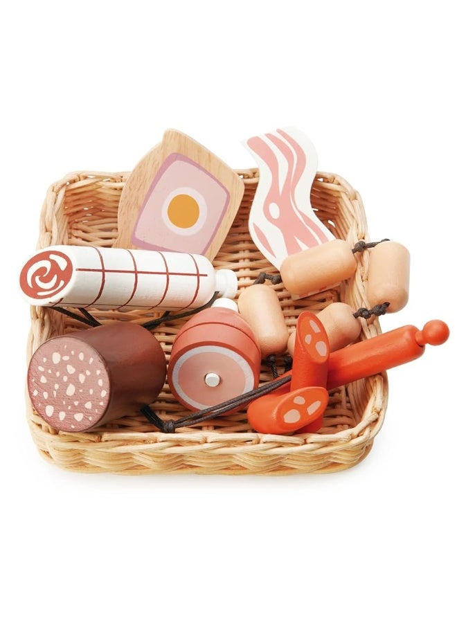 Tender Leaf Toys - Charcuterie Basket - 11 Pcs Solid Wood Cured Meats with Hand-Crafted Wicker Basket, Pretend Food Playset Supermarket Shopping Game Play Kitchen Farmer's Market Accessories - Age 3+