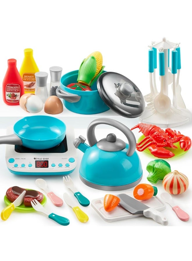 JOYIN Play Food Set for Kids Kitchen, Pretend Food for Toddlers 1-3, Play Kitchen Appliances with Pots, Pans, Induction Cooker, Cutting Vegetables, Fake Food, Gift for Boys and Girls, Cooking Toy Set