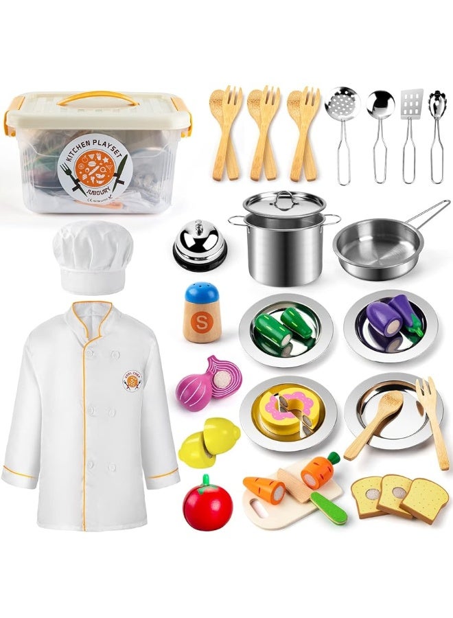 Juboury Pretend Play Kitchen Set  Toy Kitchen Accessories with Stainless Steel Cookware Pots and Pans Plates Cooking Utensils Kids Chef Coat  Hat Wooden Play Food for Kids Girls Boys Toddlers