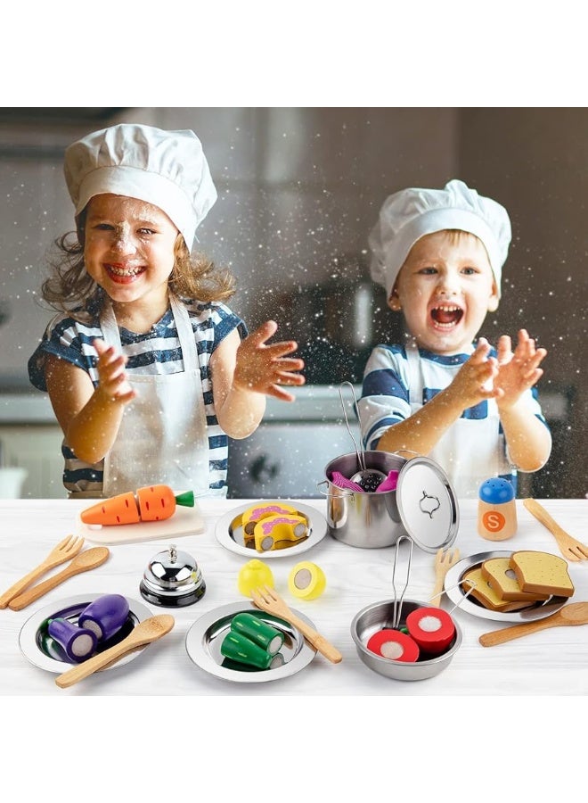 Juboury Pretend Play Kitchen Set  Toy Kitchen Accessories with Stainless Steel Cookware Pots and Pans Plates Cooking Utensils Kids Chef Coat  Hat Wooden Play Food for Kids Girls Boys Toddlers