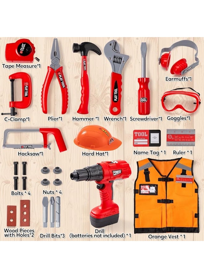 JOYIN 26Pcs Kid Tool Set, Pretend Play Toddler Tool Toy with Construction Worker Costume & Electronic Toy Drill in Storage Box for Boy Girl Halloween Present Birthday Dress Up Party