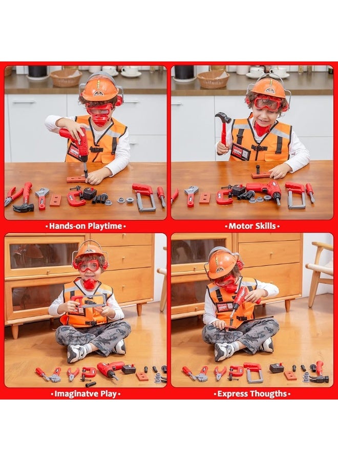 JOYIN 26Pcs Kid Tool Set, Pretend Play Toddler Tool Toy with Construction Worker Costume & Electronic Toy Drill in Storage Box for Boy Girl Halloween Present Birthday Dress Up Party