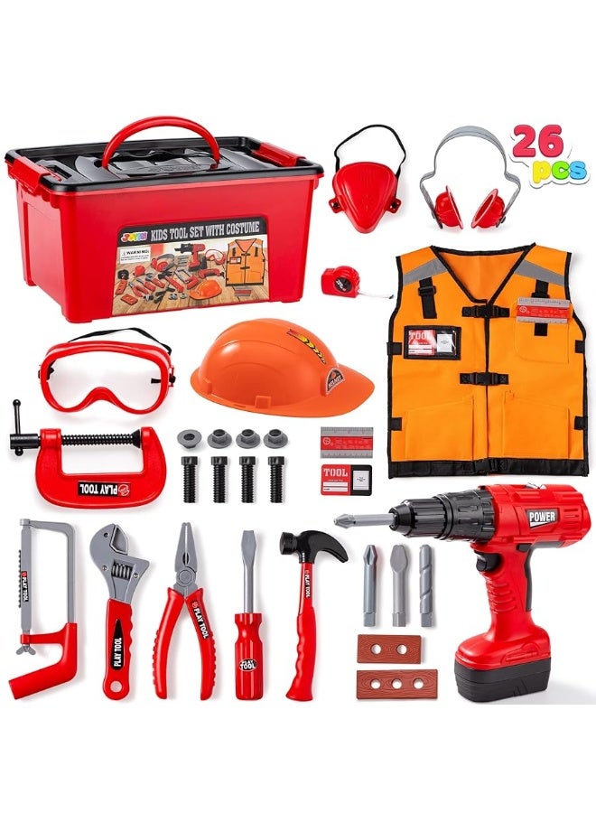JOYIN 26Pcs Kid Tool Set, Pretend Play Toddler Tool Toy with Construction Worker Costume & Electronic Toy Drill in Storage Box for Boy Girl Halloween Present Birthday Dress Up Party