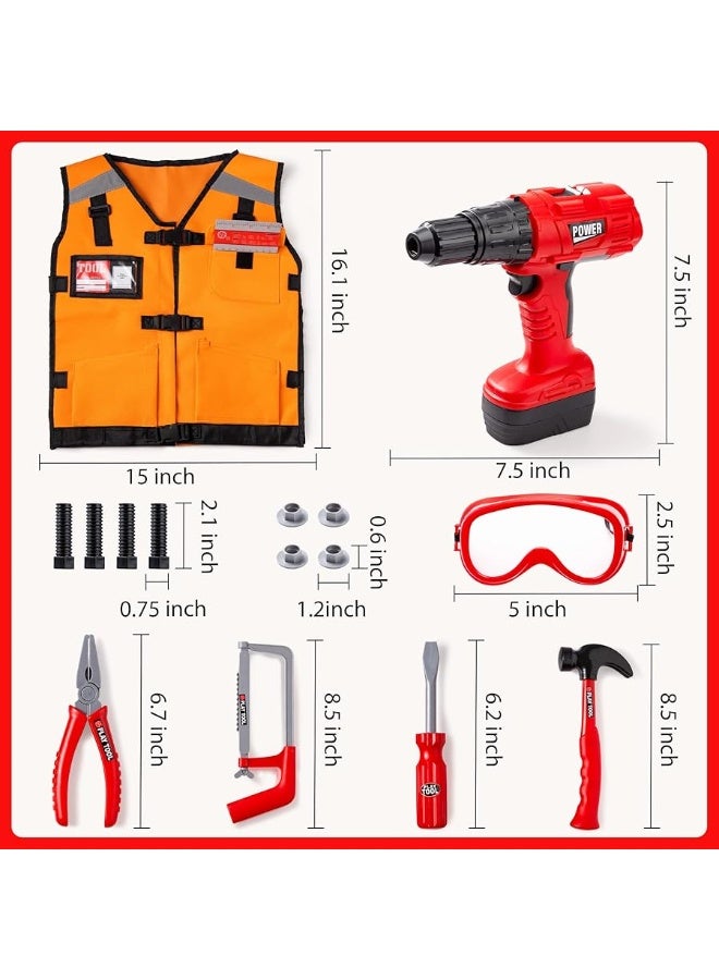 JOYIN 26Pcs Kid Tool Set, Pretend Play Toddler Tool Toy with Construction Worker Costume & Electronic Toy Drill in Storage Box for Boy Girl Halloween Present Birthday Dress Up Party
