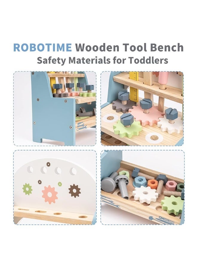 ROBOTIME Tool Bench Set for Toddlers - Mini Wooden Work Bench for Kids, Construction Toys w/Wooden Tools, Educational Pretend Play Gift Building Toy Tools Set for 18 Months 2 3 4 5 Boys Girls