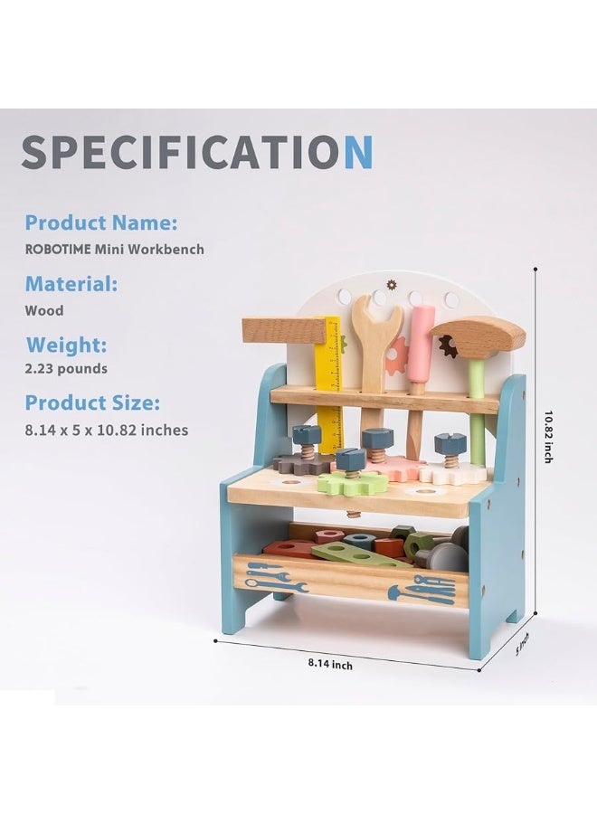 ROBOTIME Tool Bench Set for Toddlers - Mini Wooden Work Bench for Kids, Construction Toys w/Wooden Tools, Educational Pretend Play Gift Building Toy Tools Set for 18 Months 2 3 4 5 Boys Girls