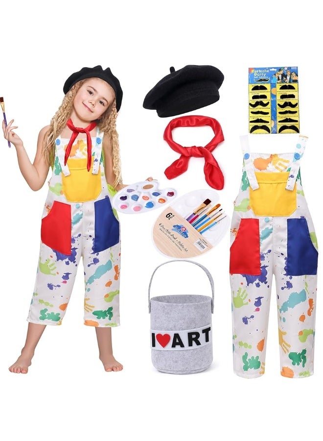 Tacobear Kids Artist Costume with Overalls Beret Beard Bow Tie Paint Bucket Brush, Halloween Career Day Outfit for Boys Girls