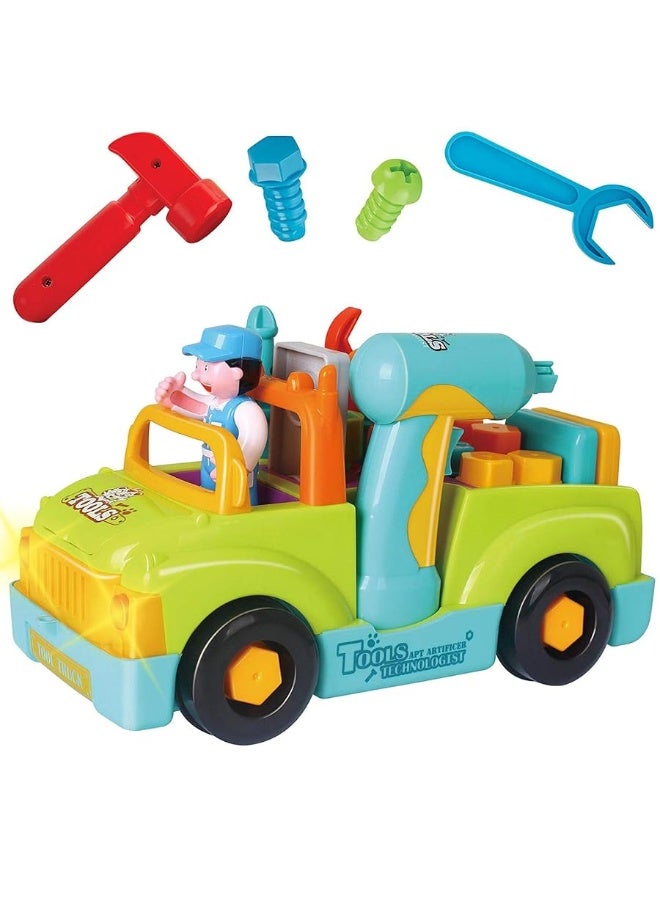 Toddler Tool Set Toy Trucks Kids Mechanic Workbench Take Apart Musical Toolbox with Electric Drill, Power Play Tools, Lights, Bump and Go Building Toy for 2 Year Old Boys