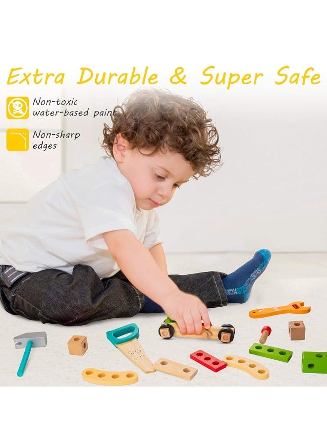 KIDWILL Tool Kit for Kids, Wooden Toddler Tools Set Including Tool Box & DIY Stickers, Montessori Educational STEM Construction Toys for 3 4 5 6 7 Years Old Boys Girls, Best Birthday Gift for Kids