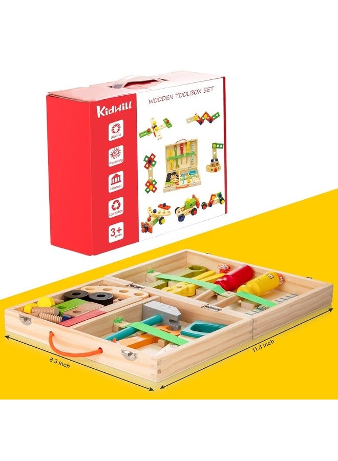KIDWILL Tool Kit for Kids, Wooden Toddler Tools Set Including Tool Box & DIY Stickers, Montessori Educational STEM Construction Toys for 3 4 5 6 7 Years Old Boys Girls, Best Birthday Gift for Kids
