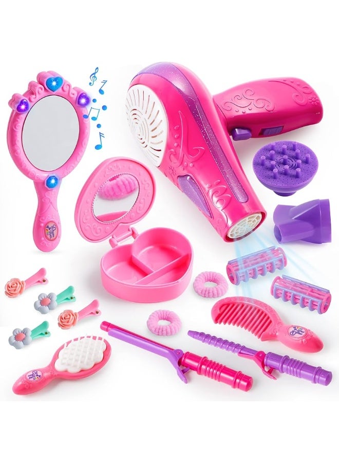 JOYIN 17Pcs Girls Beauty Salon Set, Pretend Play Doll Hair Stylist Toy Kit with Hairdryer, Mirror, Curling Iron and Other Accessories for Kids Toddler Fashion Cutting Makeup Party Favor, Birthday Gift