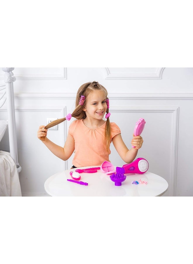 JOYIN 17Pcs Girls Beauty Salon Set, Pretend Play Doll Hair Stylist Toy Kit with Hairdryer, Mirror, Curling Iron and Other Accessories for Kids Toddler Fashion Cutting Makeup Party Favor, Birthday Gift