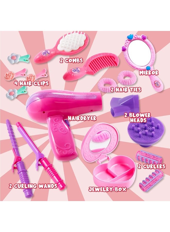 JOYIN 17Pcs Girls Beauty Salon Set, Pretend Play Doll Hair Stylist Toy Kit with Hairdryer, Mirror, Curling Iron and Other Accessories for Kids Toddler Fashion Cutting Makeup Party Favor, Birthday Gift