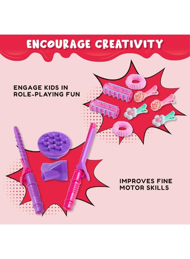 JOYIN 17Pcs Girls Beauty Salon Set, Pretend Play Doll Hair Stylist Toy Kit with Hairdryer, Mirror, Curling Iron and Other Accessories for Kids Toddler Fashion Cutting Makeup Party Favor, Birthday Gift