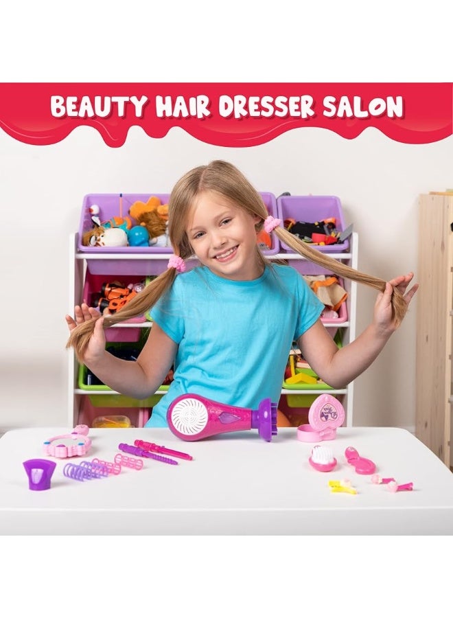 JOYIN 17Pcs Girls Beauty Salon Set, Pretend Play Doll Hair Stylist Toy Kit with Hairdryer, Mirror, Curling Iron and Other Accessories for Kids Toddler Fashion Cutting Makeup Party Favor, Birthday Gift