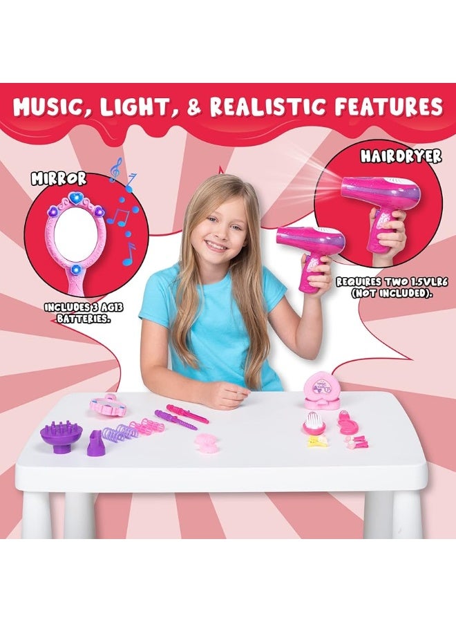 JOYIN 17Pcs Girls Beauty Salon Set, Pretend Play Doll Hair Stylist Toy Kit with Hairdryer, Mirror, Curling Iron and Other Accessories for Kids Toddler Fashion Cutting Makeup Party Favor, Birthday Gift
