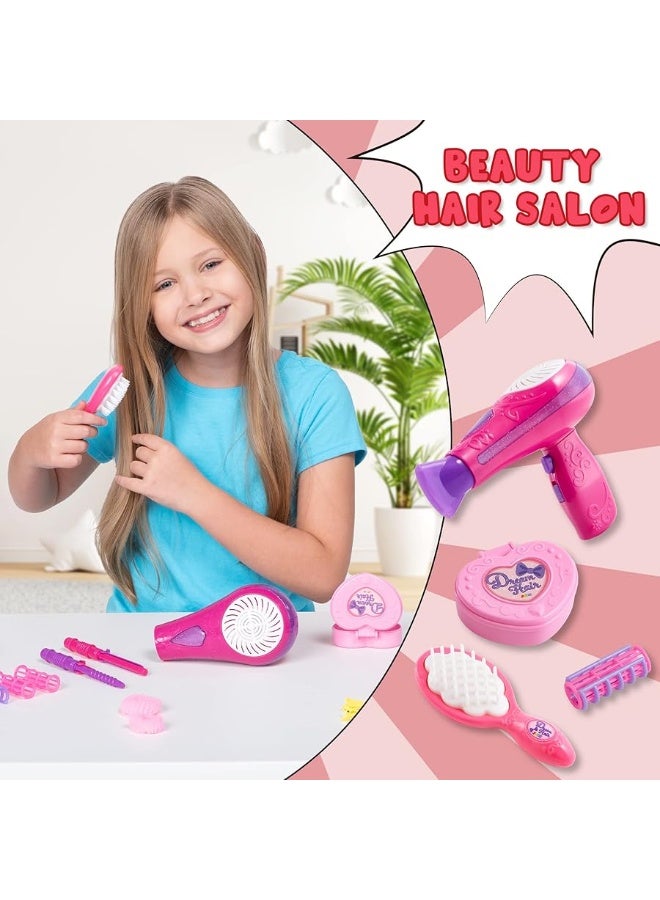 JOYIN 17Pcs Girls Beauty Salon Set, Pretend Play Doll Hair Stylist Toy Kit with Hairdryer, Mirror, Curling Iron and Other Accessories for Kids Toddler Fashion Cutting Makeup Party Favor, Birthday Gift
